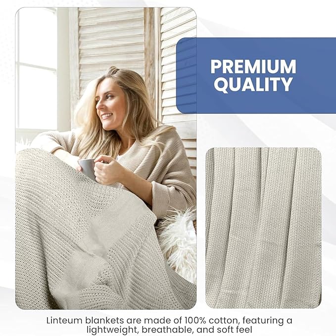 Linteum Textile Supply Leno Weave Oatmeal Blanket, Twin 100% Cotton, Lightweight, Warm, Fluffy, Premium and Durable Soft & Cozy Bed Blanket for Bed, Couch, Sofa Throw for All Season [66x90]