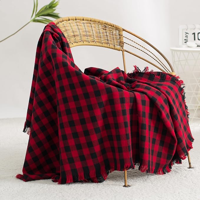 100% Cotton Throw Blanket Plaid Soft Lightweight Cozy Farmhouse Tassels Summer Thin Breathable Throws for Couch Sofa Bed (60" × 80" Red/Black)