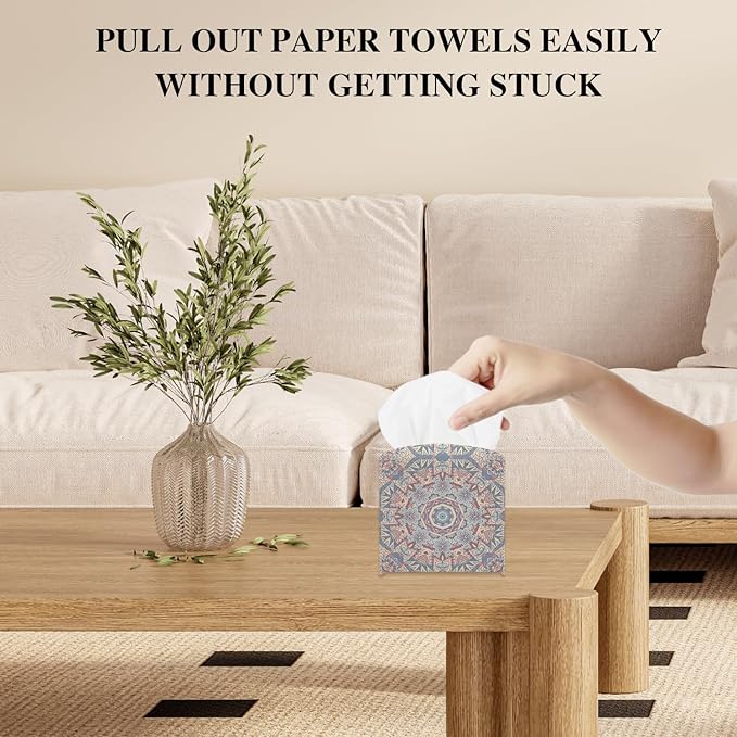 Vintage Boho Tissue Box Cover, Tissue Holder Square with Bottom Belt for Home Bathroom Office Vanity Countertop, Housewarming Gifts Ideas for Women Friends Mom Bestie -11