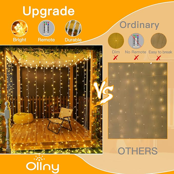 Ollny Curtain Lights 6.6x6.6ft, 200 LED String Lights with Remote 8 Modes Dimmable Timer, USB Power Fairy Light for Bedroom Backdrop Indoor Wall Window Christmas Decorations, Warm White