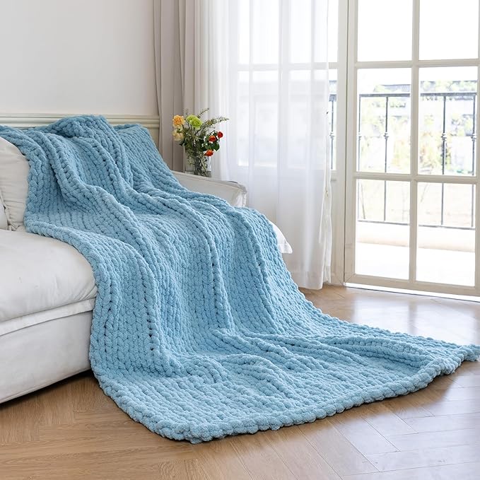 Chunky Knit Blanket - Luxury Soft Cozy 60 * 80 Throw Blanket,100% Woven Blanket Rope Knot Throw Blanket for Couch, Sofa, Home Decor, Gift - Machine Washable (Light Blue, 60 * 80)