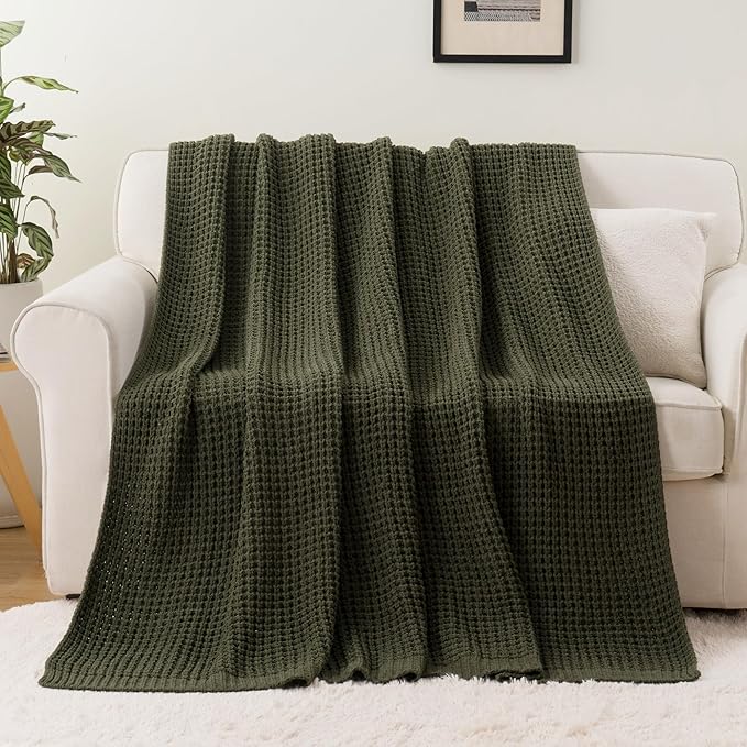 Bunnikins & Clover Olive Green Throw Blanket for Couch, Waffle Knit Blanket Throw, Super Soft Warm Dark Green Throw Blanket for Home Decor,Sofa and Living Room, 50"x60"