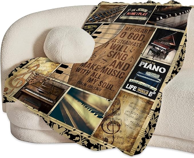 Vintage Piano Blanket Music Throw Blankets Decor Stuff Cozy Flannel Fleece Soft Plush Fuzzy Warm Lightweight Bedding Gifts for Women Girls Kids 80"X60"