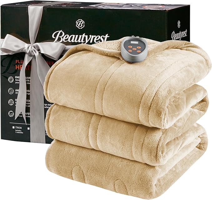 Beautyrest Heated Blanket, Electric Blanket, Soft, Warm, Reversible Plush - Sherpa Heating Blanket with 20 Heat Settings, 1-10 hrs Timer Auto Shut Off, Machine Washable, Full (84 inx80 in), Tan