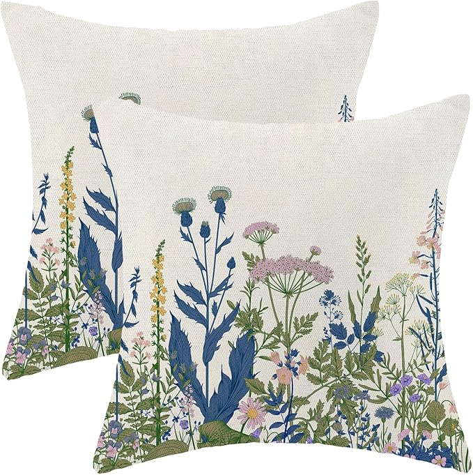 AEIOAE Navy Blue Teal Pillow Covers 18x18 Inch Set of 2, Spring Wildflower Plant Throw Pillows Case,Seasonal Floral Outdoor Decorative Flowers Farmhouse Decor Cushion Covers for Home Sofa Bed Couch