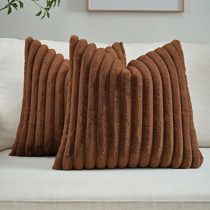 FUTEI Rust Decorative Throw Pillow Covers Set of 2, 22x22 Inch Soft Fluffy Faux Fur Plush Striped Cushion Cases, Modern Home Decor for Couch Bed Living Room