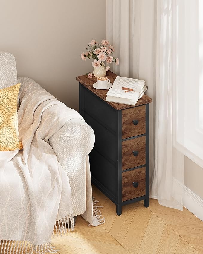 Narrow Side Table with 3 Fabric Drawers, Industrial Slim Bedside Table for Small Spaces, Bedroom, Living Room, Dormitory, Rustic Brown and Black TBZ09BF