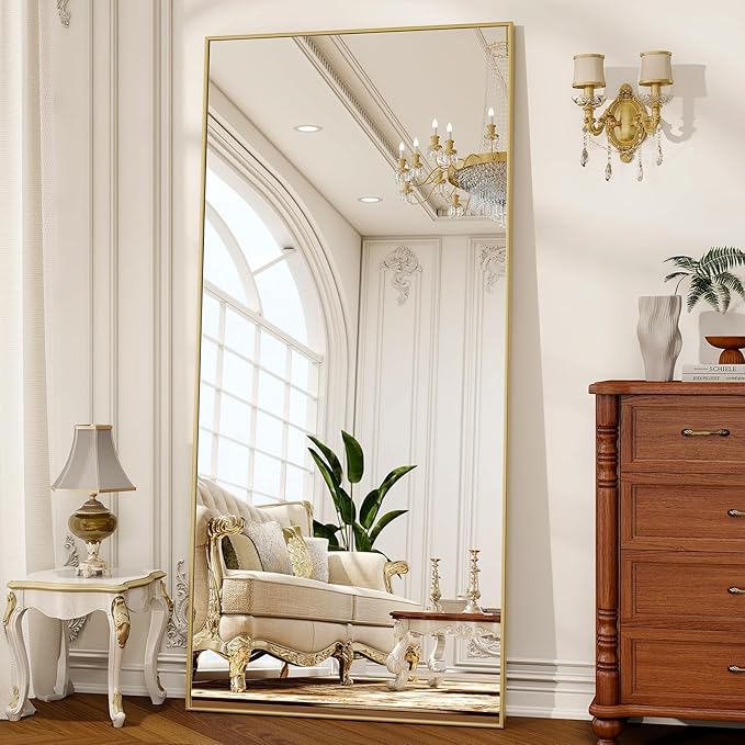 76" x 34" Large Full Length Mirror with Stand, Standing/Leaning/Wall Mounted Full Body Floor Mirror for Bedroom, Living Room, Entryway, Cloakroom with Aluminum Alloy Frame Gold