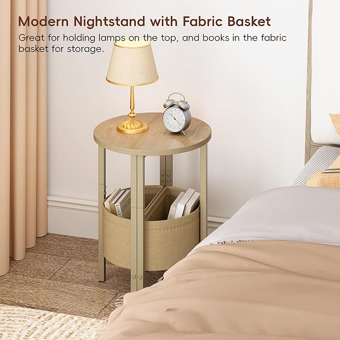 Vagusicc Small Round Side Table End Table, Tall Accent Table with Storage Basket, Set of 2 Half Round Tables Half Moon Tables, Coffee Bedside Tables, Modern Nightstand for Living Room Bedroom,Natural