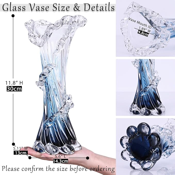 Hand Blown Blue Glass Vase, Unique Art Beautiful Ocean Glass Vase for Home Centerpiece, Coffee Table, Living Room, Office Decor - 11.8" H(Large)