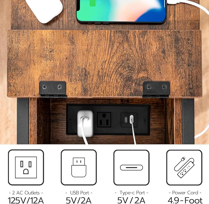HOOBRO End Table with Charging Station, Narrow Side Table, Small Nightstand, Bedside Tables with Drawer and Storage Shelves, for Small Spaces, Living Room, Bedroom, Rustic Brown and Black BF041BZ01G1