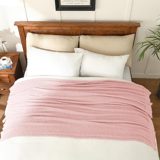 JOOJA Knit Twin Size Bed Blanket Super Soft Warm Blanket for Bed Lightweight Cozy Plush Fuzzy Blanket for Couch Sofa 60x80 Inches Pink