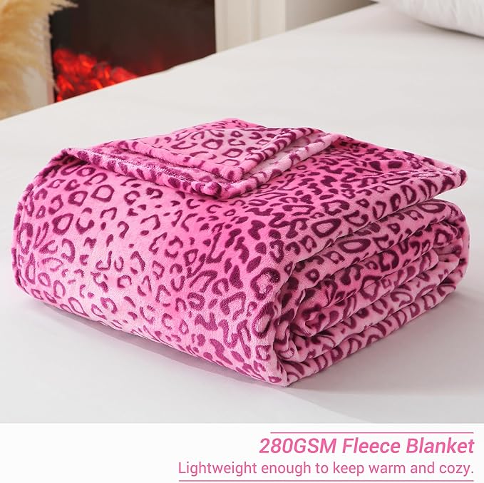Viviland Flannel Fleece Blanket Queen Size 90x90 inches, Lightweight, Super Soft Cozy Warm Blanket, Cheetah Print Pink