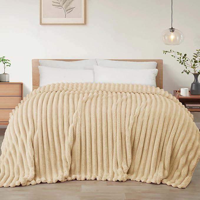 Exclusivo Mezcla Queen Size Flannel Fleece Blanket, Super Soft Striped Jacquard Bed Blanket, Lightweight Fuzzy Cozy for All Seasons, 90x90 Inches, Beige
