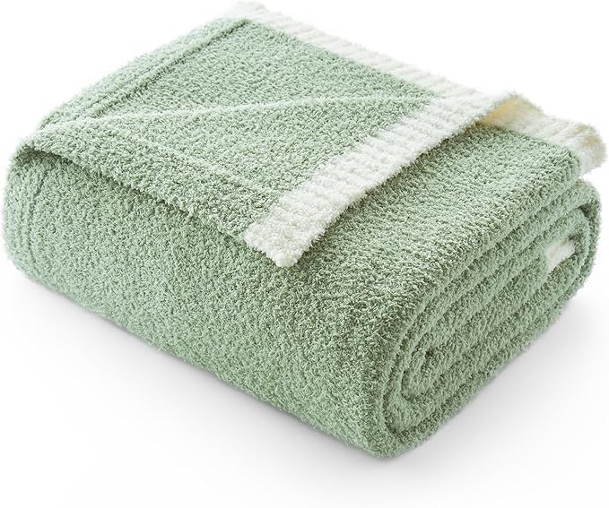 Snuggle Sac Ultra Soft Throw Blanket for Couch Bed Sofa 50x60 inches, Reversible Sage Green Blanket Microfiber Fluffy Fuzzy Cozy Knit Throws for Women Mothers Birthday Gifts