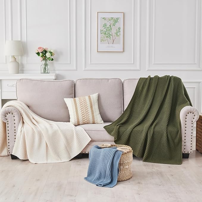 Douceur Blue Throw Blanket for Bed, Soft Chunky Cable Knit Throw Blanket, Classic Fisherman's Rib Stitch Pattern Throw for Living Room Gift, 60"X80"