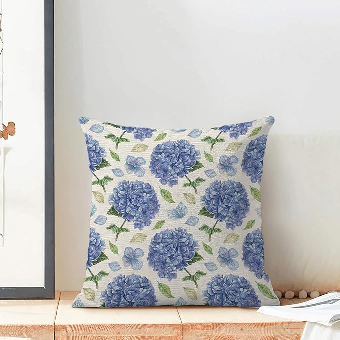 AEIOAE Spring Floral Pillow Covers 18x18 Inch Set of 2, Blue Green Hydrangea Flower Leaves Throw Pillows Case,Summer Outdoor Seasonal Decorative Farmhouse Decor Cushion Covers for Home Sofa Bed Couch