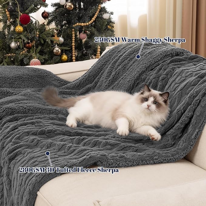 PHF Fluffy Sherpa Blanket Twin Size for Winter, Warm and Soft, 510GSM 3D Jacquard Thick Shaggy Fleece Plush Blanket for Sofa Bed, Dark Grey, 60"x80"