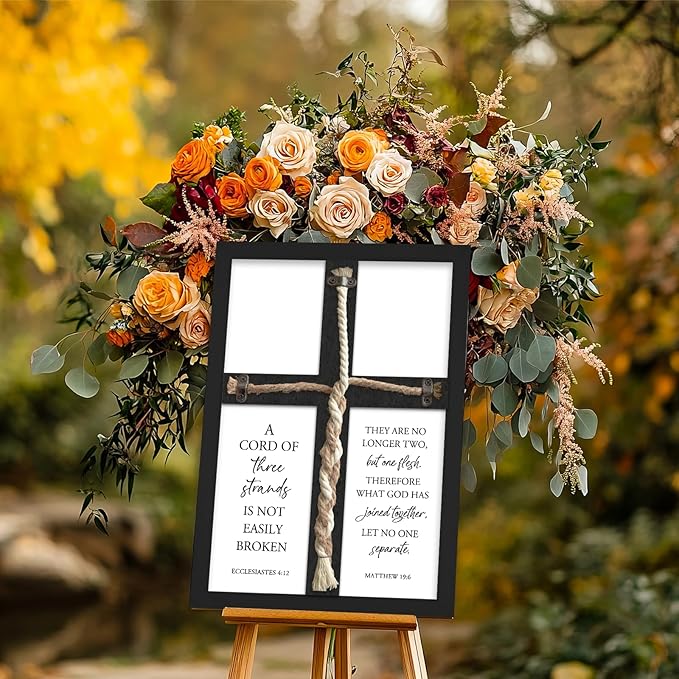YWJKWLGS A Cord of Three Strands Wedding Ceremony Sign 15x10 Inch Anniversary Unity Knot Cross Christian Marriage Prayer Art Ideas Braid Rope Wall Decor for Couple Religious Wood Framed (Black)
