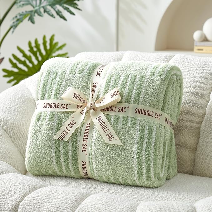 Snuggle Sac Faux Fur Checkered Blanket Twin Size,Super Soft Reversible Cozy Warm Blanket for Sofa Bedroom,Cute Lightweight Striped Throws for Women,Heather Sage Green,60x80 inches