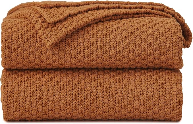Longhui bedding Burnt Orange Knitted Throw Blanket for Couch, Soft, Cozy Machine Washable 100% Cotton Sofa Knit Blankets, Heavy 3.0lb Weight, 51 x 63 Inches, Laundry Bag Included