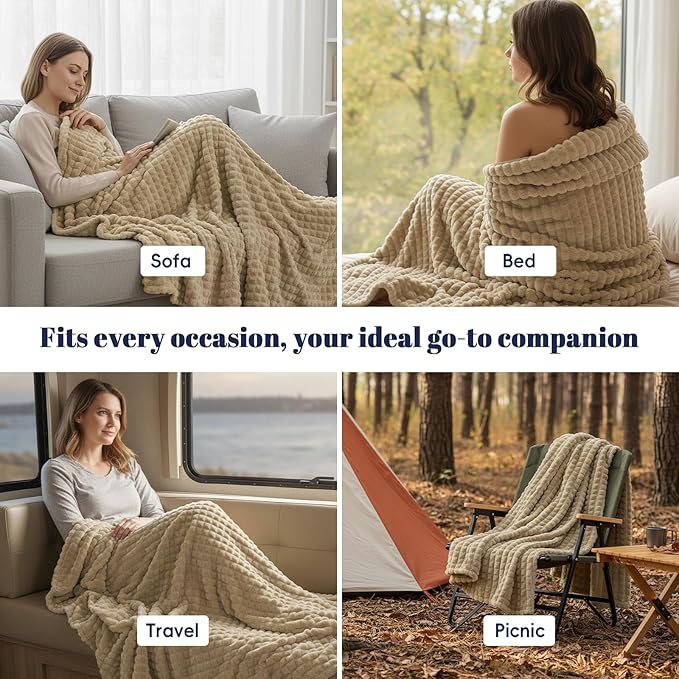 PHF Luxury Soft Fleece Throw XL Blanket, No Shed No Pilling, 380GSM Fluffy Cozy Throw Blankets for Couch Sofa, 50"x70", Lightweight Warm Bedding for Home Decor, Ideal Gift for Women, Khaki