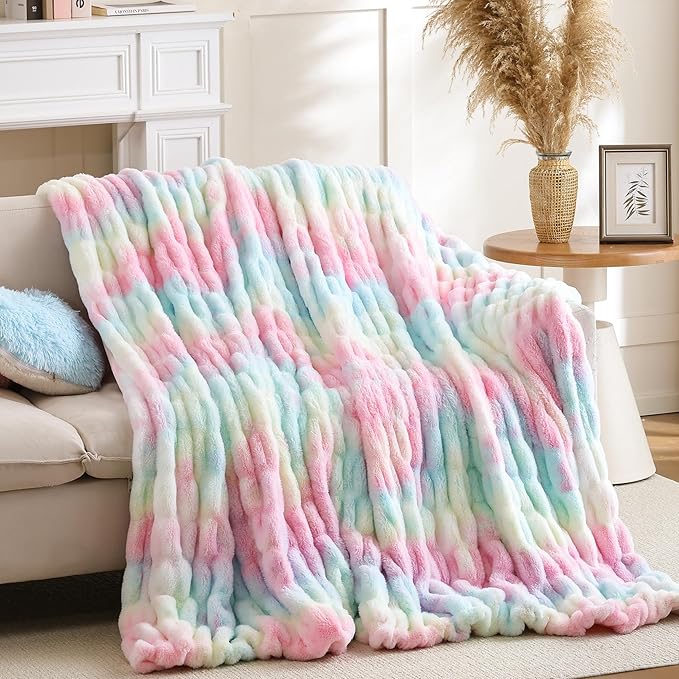 Smoofy Rainbow Throw Blanket for Couch – Ultra Soft Cozy Plush Fluffy Blanket with Faux Rabbit Fur, Fuzzy Lightweight Fleece for Sofa, Bed & Office, Gift for Women, Home Room Decor Throw 60"x 80"