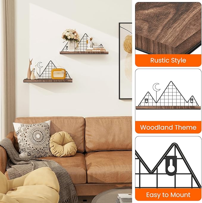 Homode Floating Shelves, Set of 2 Mountain Wall Shelves, Rustic Wood Display Storage Shelf with Metal Wire, Geometric Decor for Bathroom, Nursery, Bedroom, Office, Brown and Black