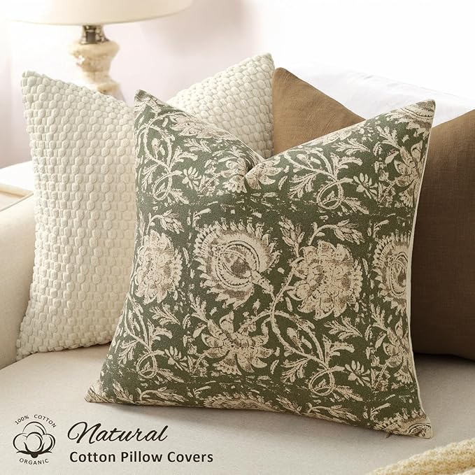 Vintage Floral Print Throw Pillow Covers 26x26 Set of 2 Neutral Modern Farmhouse Accent Decorative Cushion Covers Boho Home Decor for Couch Sofa Chair Bed Living Room, Olive Green