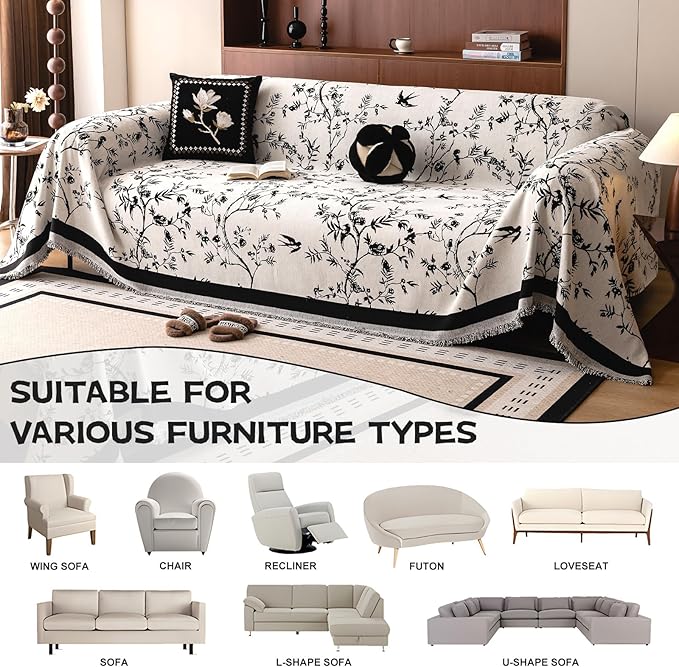 HANDONTIME Couch Cover for Dogs Washable Bird Floral Pattern Slipcovers for Couches and Sofas White Sofa Covers with Black Jacquard Flower Chenille Couch Cover Blanket Pet Friendly, 71" X 134"
