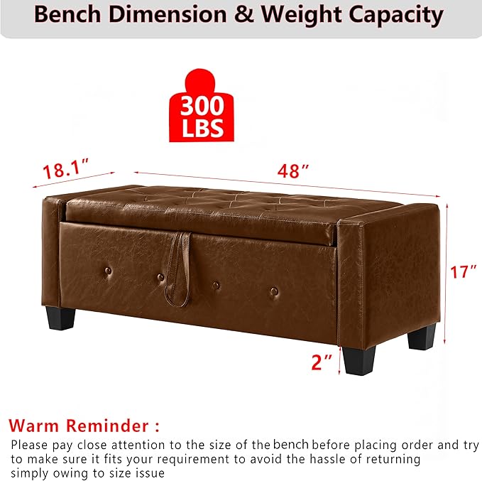 48" PU Leather Storage Ottoman Bench for Bedroom Bed End,Tufted Faux Leather Ottomans with Storage for Living Room,Bedside,Entryway,Modern Window Benches with Seating (PU Brown, 48")
