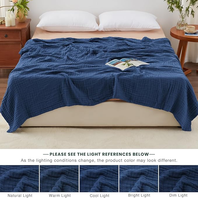 Love's cabin 100% Cotton Muslin Blanket, 6 Layer Lightweight Breathable Gauze King Size Blanket 108 x 90 Inches, Soft Summer Blanket for Bed, Dark Blue
