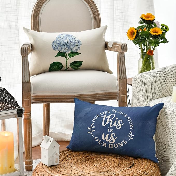 AVOIN colorlife Blue Hydrangea Spring Summer Throw Pillow Covers, 12 x 20 Inch Today is A Good Day Dark Blue Cushion Case Decoration for Sofa Couch Set of 4, Bule