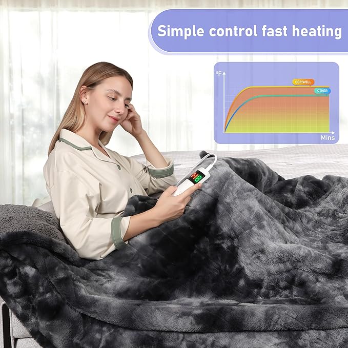 Electric Heated Blanket Throw 50''x60''Size Faux Fur Heating Blanket 10 Heating Settings, 1-8h Timer & Overheat Protection, Machine Washable, Soft Flannel and Sherpa Full Body Warmth