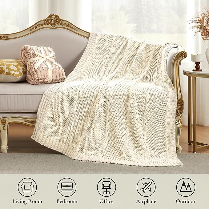 Amélie Home Chevron Chenille Knit Throw Blanket for Couch, Cozy Texture Decorative Soft Blanket for Sofa & Chair, 50"x60", Ivory