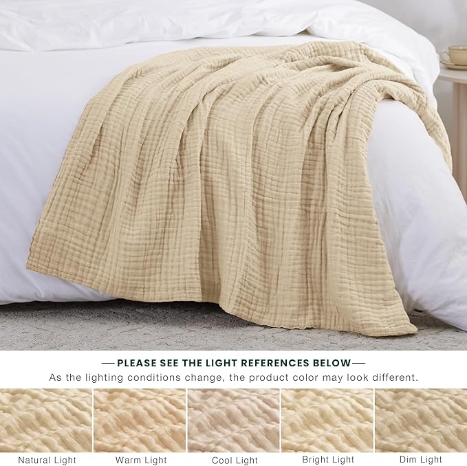 Love's cabin 100% Cotton Muslin Blanket, 6 Layer Lightweight Breathable Gauze Large Throw Blanket 50 x 70 Inches, Soft Cooling All Season Blanket for Couch or Sofa, Khaki