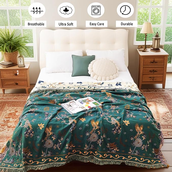Boho 100% Organic Cotton Muslin Throw Blanket 50" x 60" - All Season Rustic Ultra Soft Breathable Floral Bird Blanket for Bed Sofa Couch Chair Bedspread Quilt Gift-Teal/Beige
