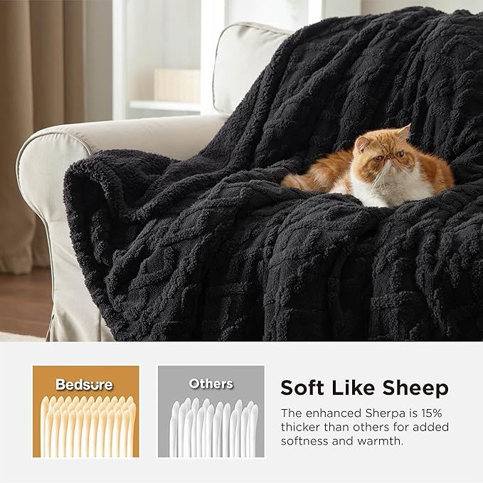 Bedsure Gentlesoft Sherpa Fleece Throw Blanket for Couch - Fluffy & Cozy Cable Jacquard Tufted Throw for Women Gift, Thick and Warm Christmas Blanket for Winter, Black, 50x60 Inches