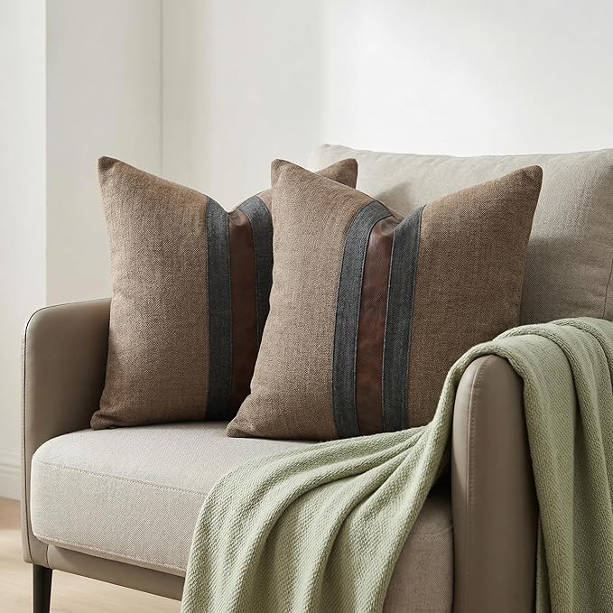 BOYSUM Set of 2 Leather Throw Pillow Covers Cotton Linen Decor Patchwork Pillow Cover Faux Leather Pillows Cover for Couch Sofa Living Room Bedroom,Coffee 16"x16"