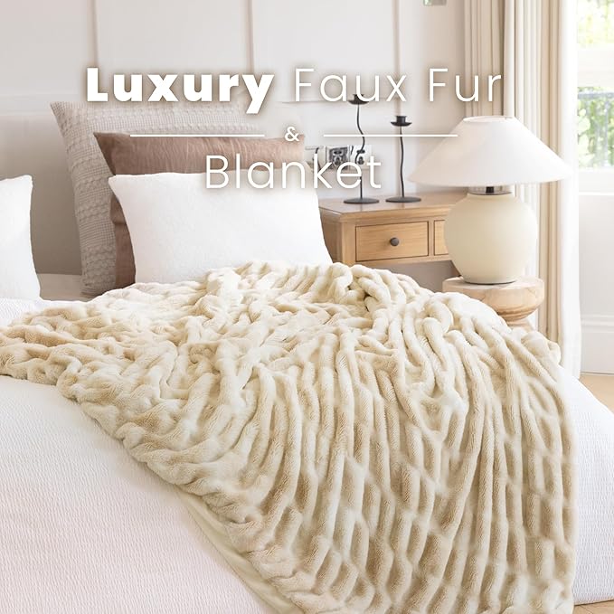 Ultra Soft Faux Rabbit Fur Throw Blanket, Cozy Fuzzy Blanket for Couch Bed, Plush Warm Decor Gifts, Luxury Thick Fluffy Blanket for Women & Men, 60x80 inches, Tie-Dyed Khaki