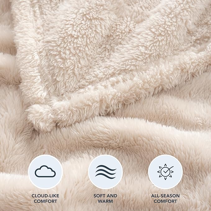 Berkshire Blanket Classic Extra-Fluffy Plush Twin Size Bed Blanket, Soft Fuzzy Long Hair for Couch Sofa, Chino Khaki, 60x92 Inches