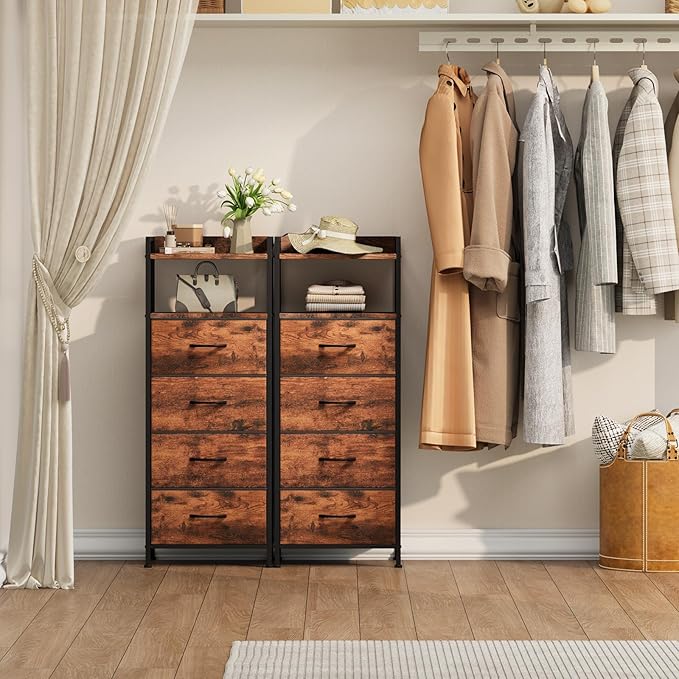 Somdot Nightstand with 4 Drawers, Vertical Storage Tower Fabric Dresser for Bedroom, Night Stand Bedside Table Furniture, Sturdy Steel Frame, Wooden Top & Easy Pull Fabric Bins, Wood Grain Print