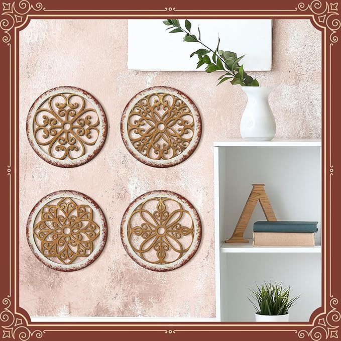 Yulejo 4 Pcs Thicken Rustic Wall Decor Farmhouse Kitchen Wall Round Art Wooden Hollow Carved Design Rustic Art for Living Room Bedroom Hallway Decor (15.7 x 15.7 Inch,Light Brown)