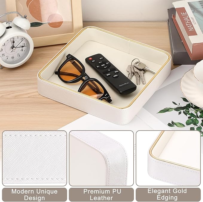 Decorative Key Holder Tray PU Leather Valet Tray Desk Organizer Tray for Wallet Remote Trinket Dish for Vanity Nightstand Beside, 8.2" x 8.2" x 1.5"