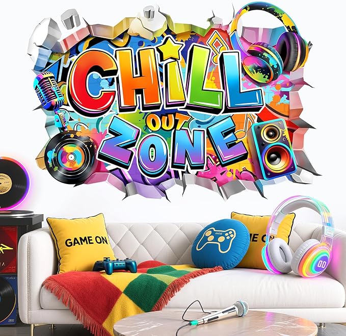 decalmile 3D Chill Out Zone Game Wall Decals Video Gaming Gamer Headset Wall Stickers Boy Kids Bedroom Teenagers Playroom Home Decor