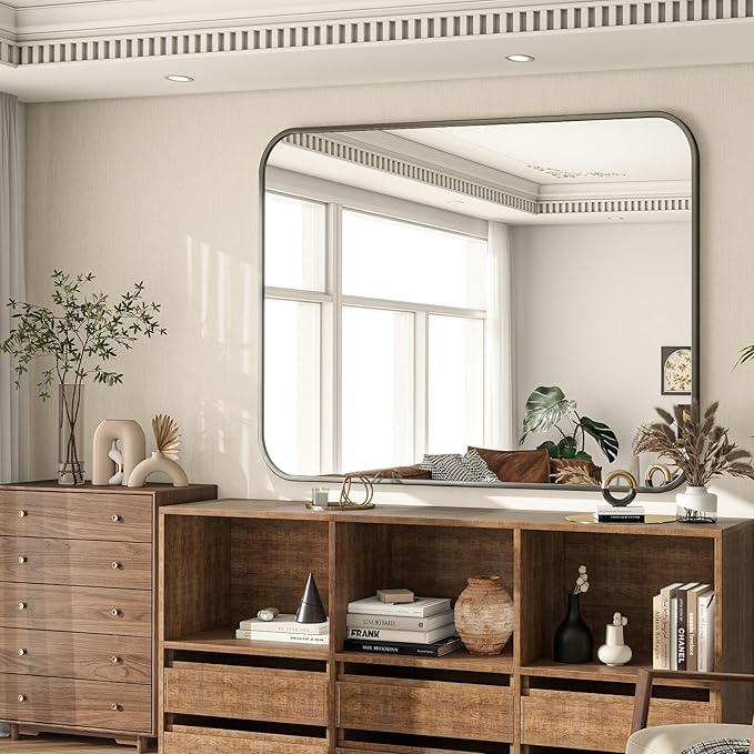 30×40 Inch Bathroom Mirror - Wall Mounted Vanity Mirror with Round Corner Aluminum Alloy Frame, Hanging Horizontally Vertically for Living Room, Bedroom, Hallway as Home Decor, Black