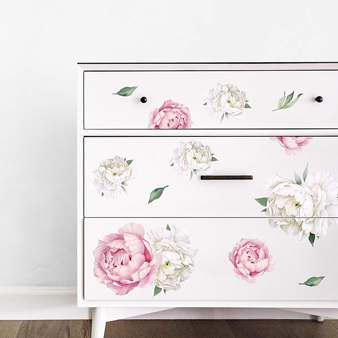 Peony Watercolor Wall Decals (Pink and White Watercolor) - Spring Decor Flowers Decals for Wall - Botanical Bedroom Sticker Girls - Floral Peonies Pink Botanical Stickers Bedroom Nursery w/test Sample