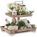 Hanobe Tiered Tray for Table Decor: Spring 2 Tier Decorative Tray Stand for Coffee Bar - Large Farmhouse Display Stands for Seasons - Wood for Kitchen Counter Decorations