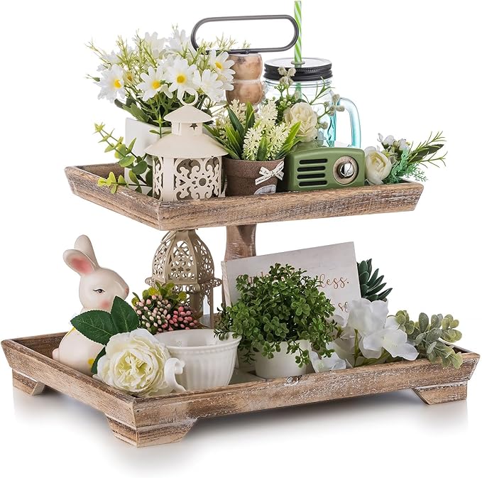 Hanobe Tiered Tray for Table Decor: Spring 2 Tier Decorative Tray Stand for Coffee Bar - Large Farmhouse Display Stands for Seasons - Wood for Kitchen Counter Decorations