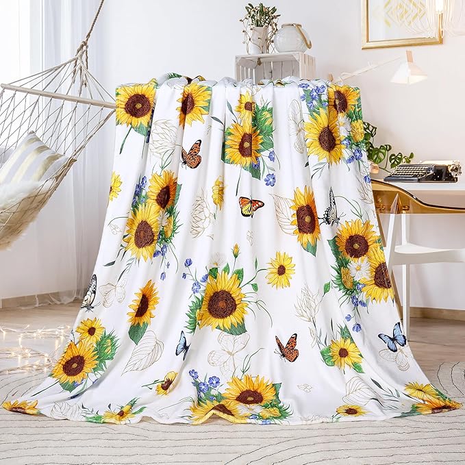Sunflower Throw Blanket Ultra Soft Butterfly Floral Blanket Cozy Flannel Fleece Bed Blanket Lightweight Fuzzy Plush Flowers Couch Cover Sunflowers Gifts Throw Decor for Women Girls 60" X 80"